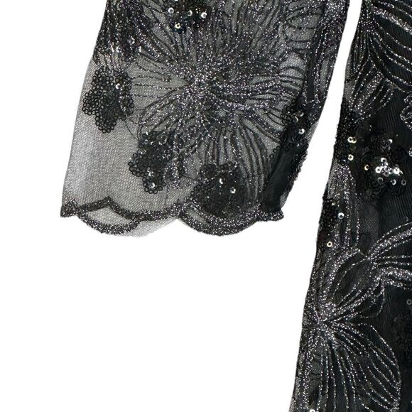 Mac Duggal 67541 Black Floral Sequin Long Sleeve Cocktail Dress| Size 16W - Picture 2 of 12